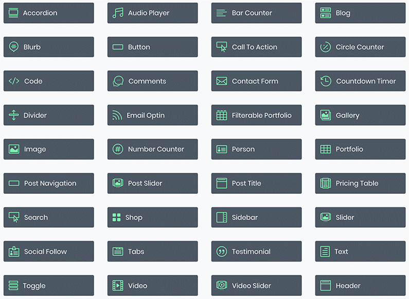 diferentes tipos de módulos disponiobles en divi