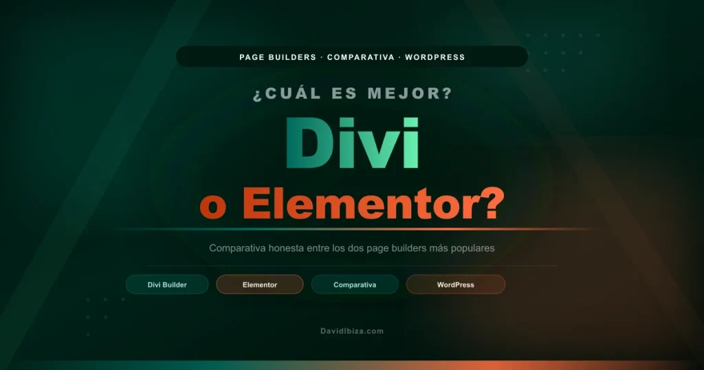 Imagen destacada de la comparativa entre Divi y Elementor, fondo verde oscuro con teal y coral