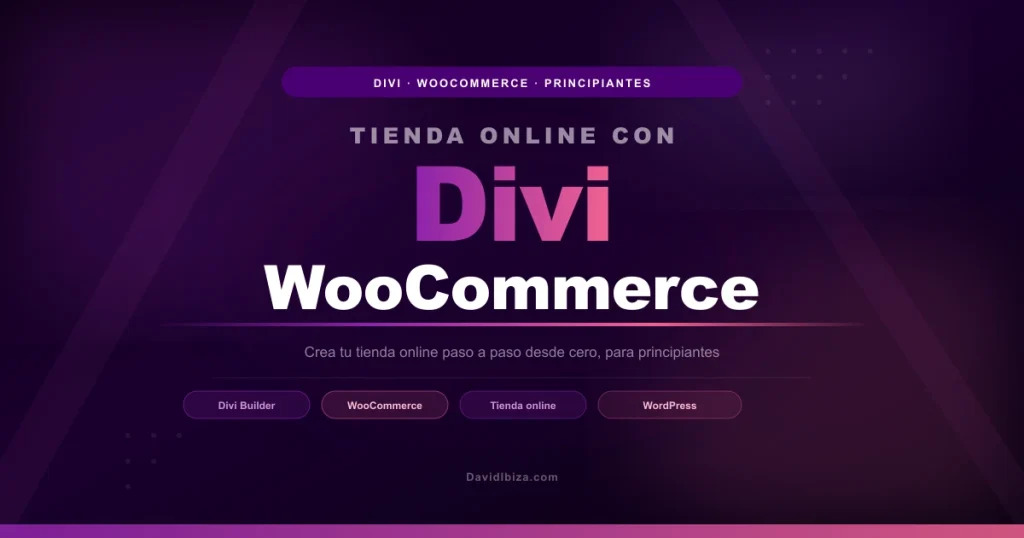 Imagen destacada del tutorial para crear una tienda online con Divi y WooCommerce para principiantes, fondo morado violeta
