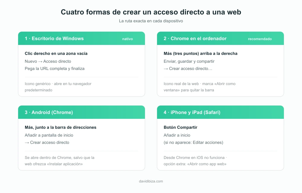 Infografía con las cuatro formas de crear un acceso directo a una web: escritorio de Windows, Chrome, Android e iPhone, con la ruta de menús de cada una