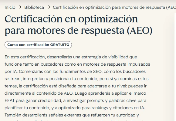 Certificación gratuita de HubSpot Academy en optimización para motores de respuesta AEO, que arranca con los fundamentos de SEO