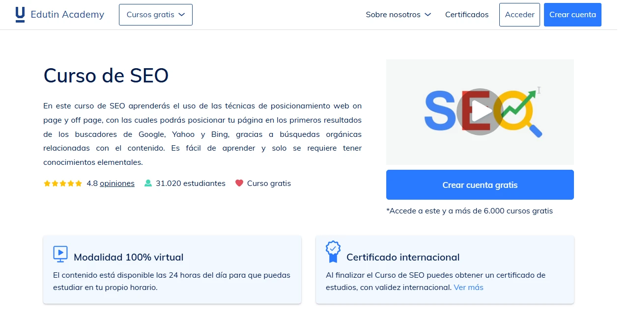 Ficha del curso de SEO de Edutin Academy, donde se indica que el curso es gratis y que el certificado internacional se obtiene aparte