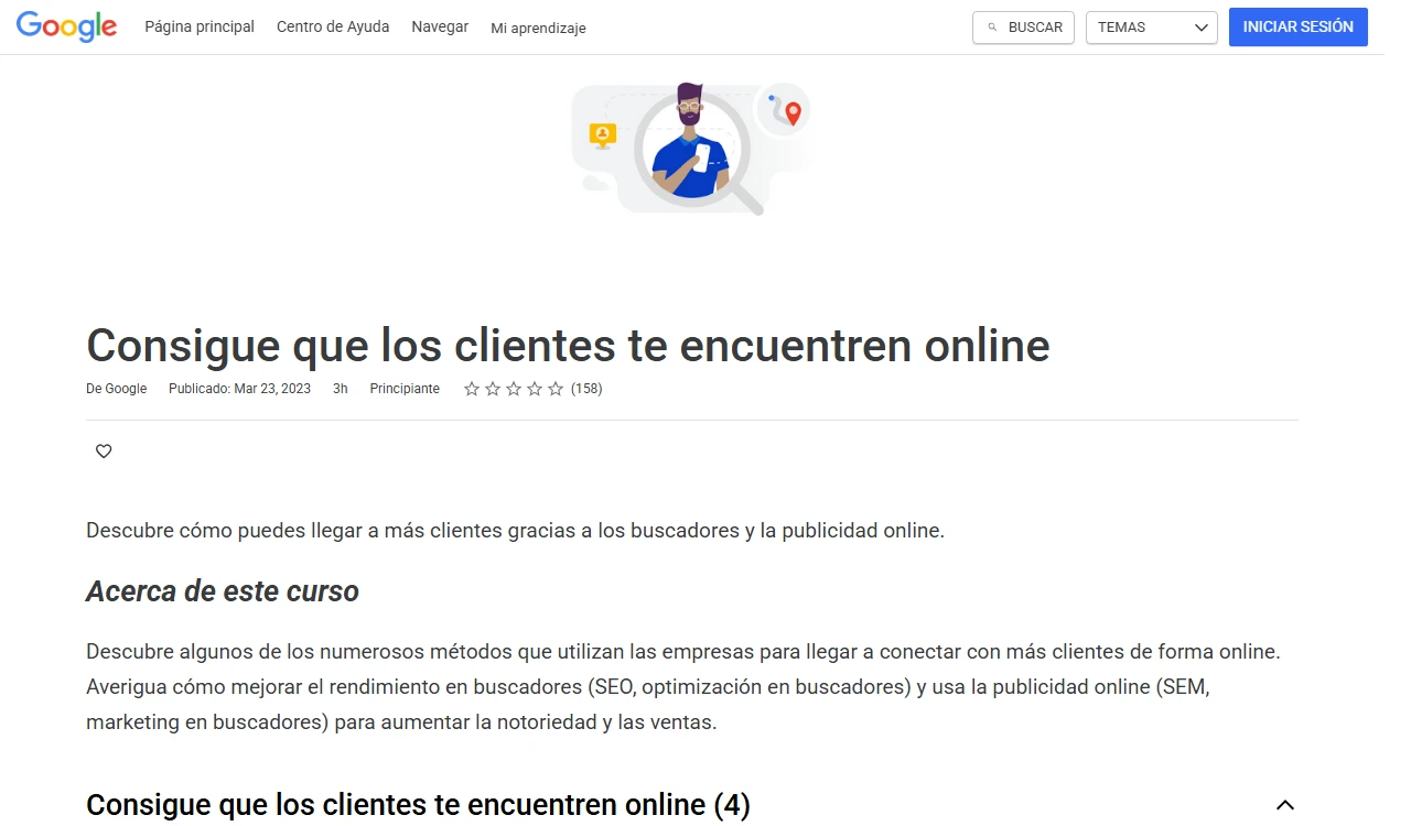 Ficha del curso de Google «Consigue que los clientes te encuentren online» en Skillshop, de 3 horas y nivel principiante, publicado en marzo de 2023