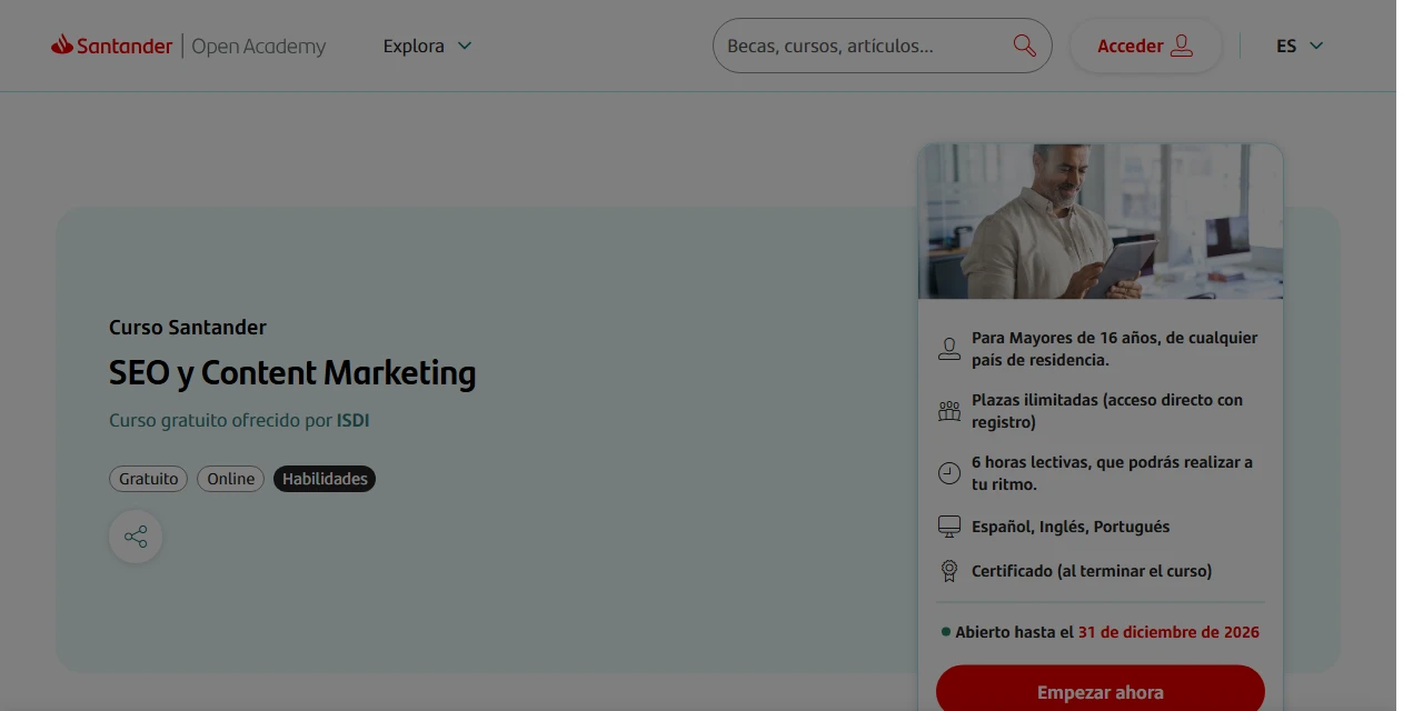 Ficha del curso de SEO y Content Marketing de Santander Open Academy impartido por ISDI, marcado como gratuito y con certificado al terminar