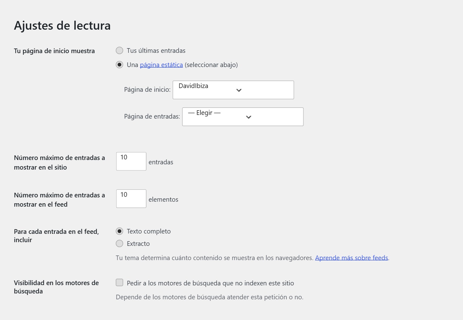 Ajustes de Lectura de WordPress con la casilla de no indexar el sitio desmarcada