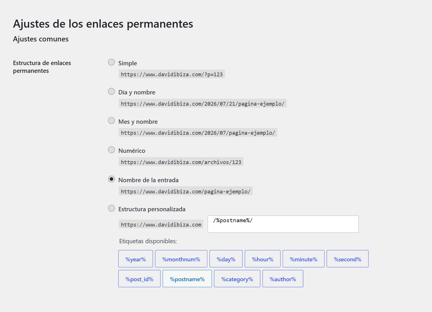 Pantalla de Ajustes, Enlaces permanentes de WordPress con la opción Nombre de la entrada seleccionada