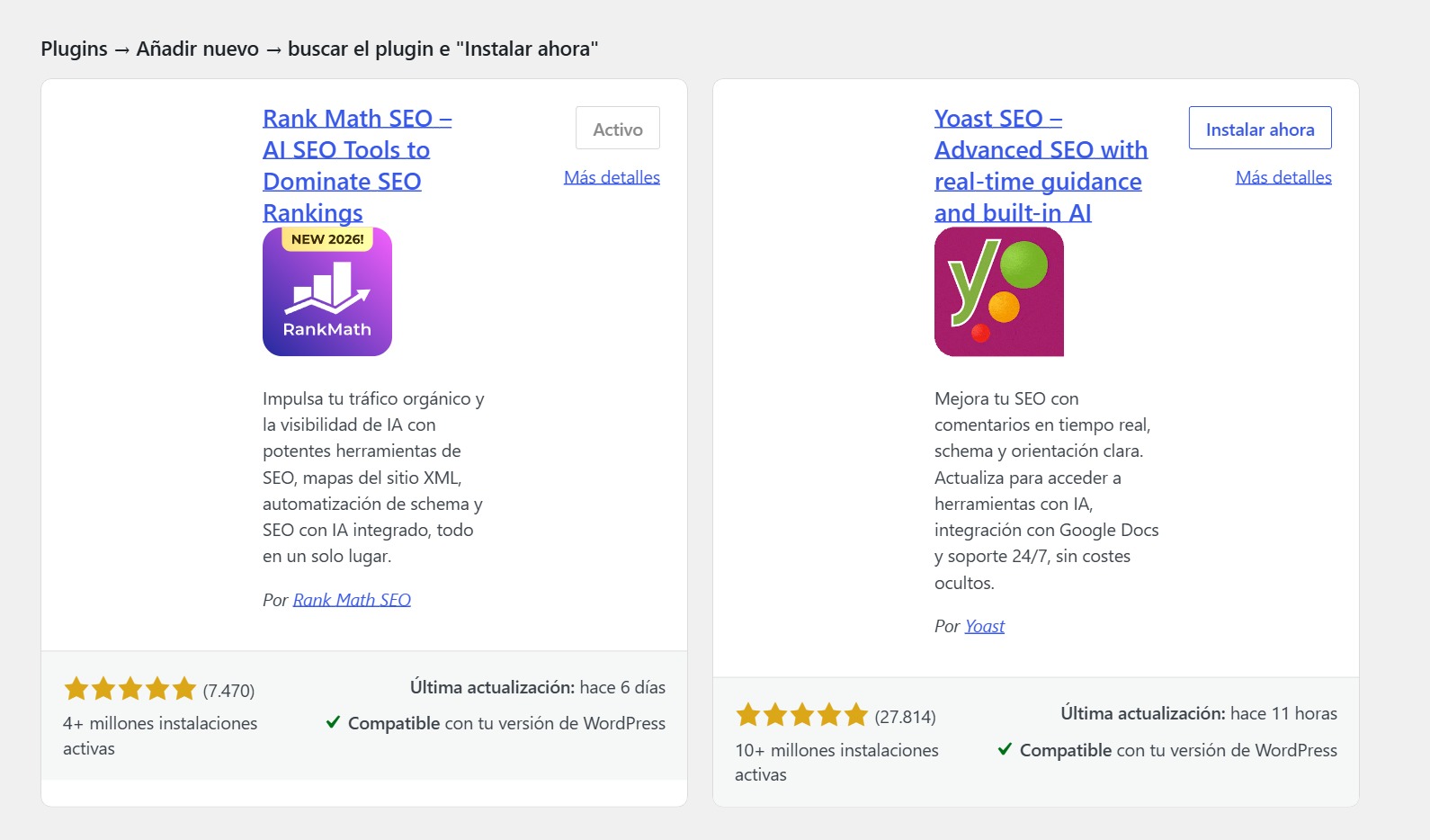 Buscador de plugins de WordPress mostrando Rank Math SEO y Yoast SEO con el botón Instalar ahora