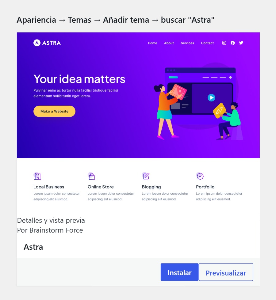 Buscador de temas de WordPress mostrando el tema Astra con el botón Instalar