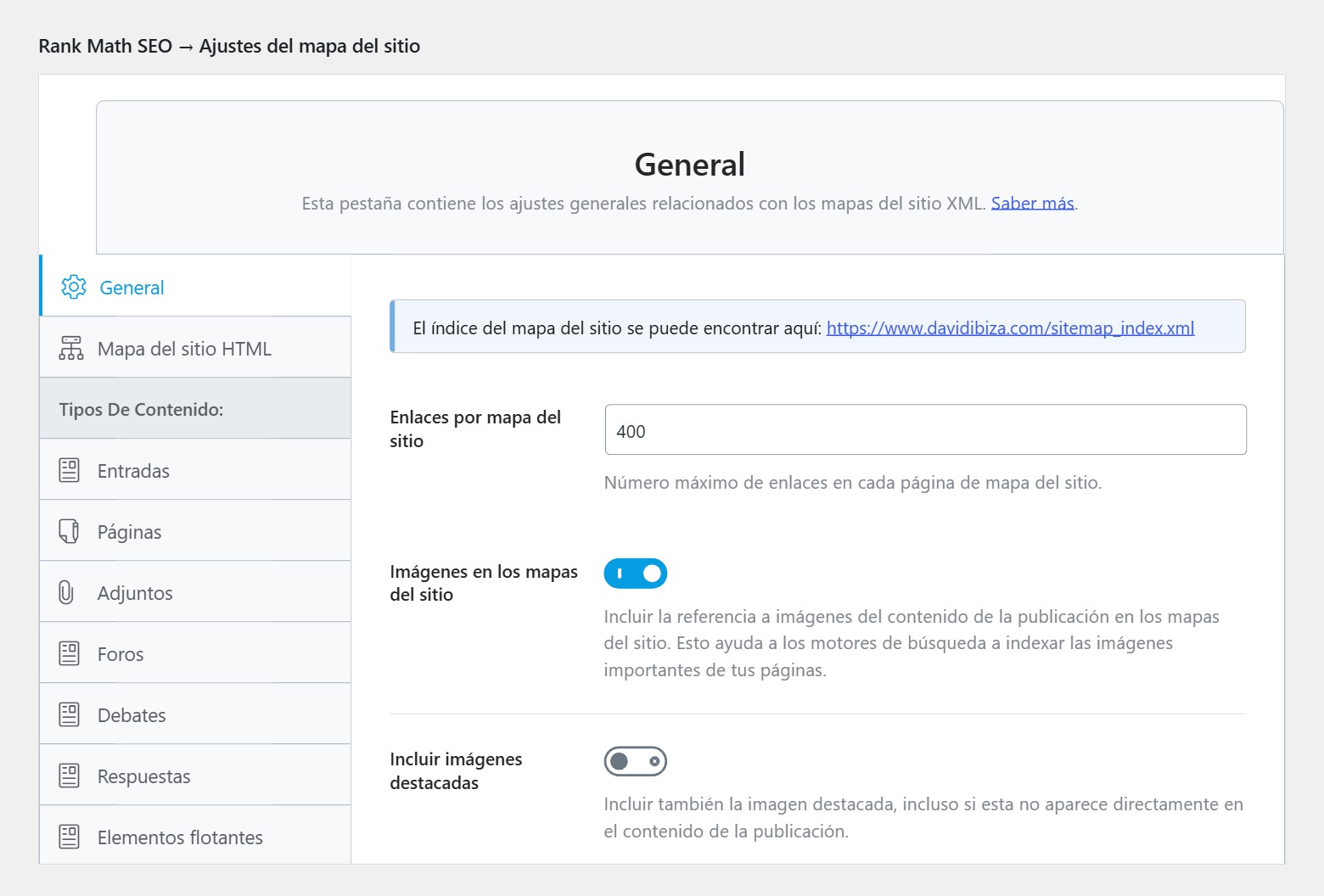 Ajustes del mapa del sitio XML en Rank Math SEO dentro de WordPress
