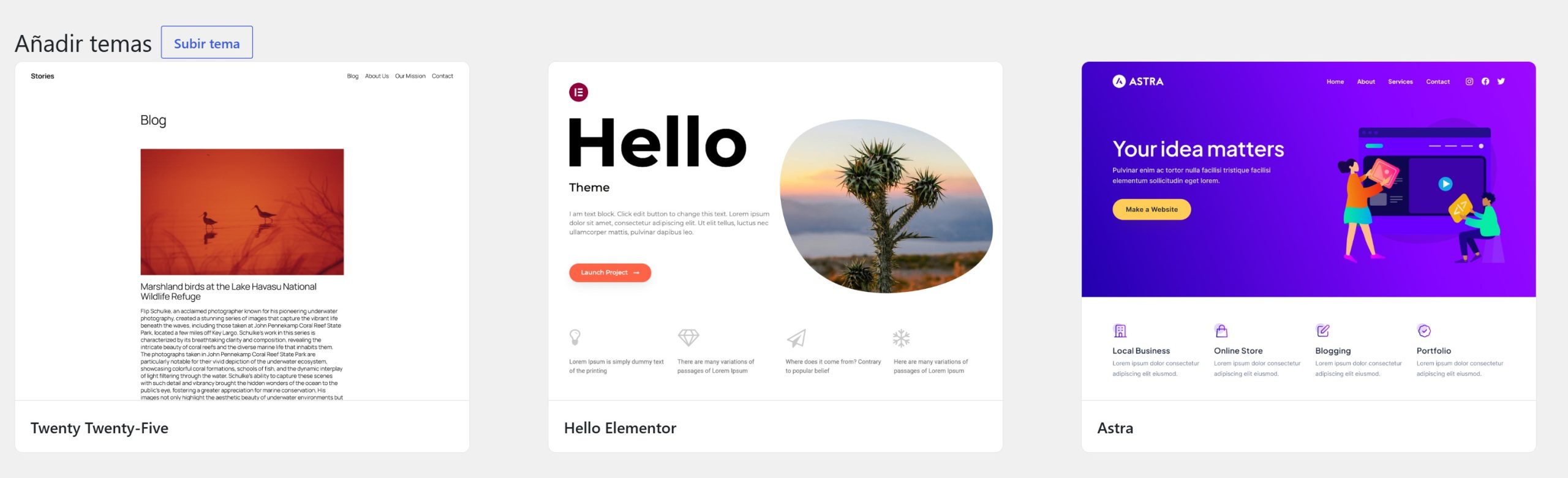 Instalar una plantilla en WordPress desde Apariencia → Temas → Añadir nueva