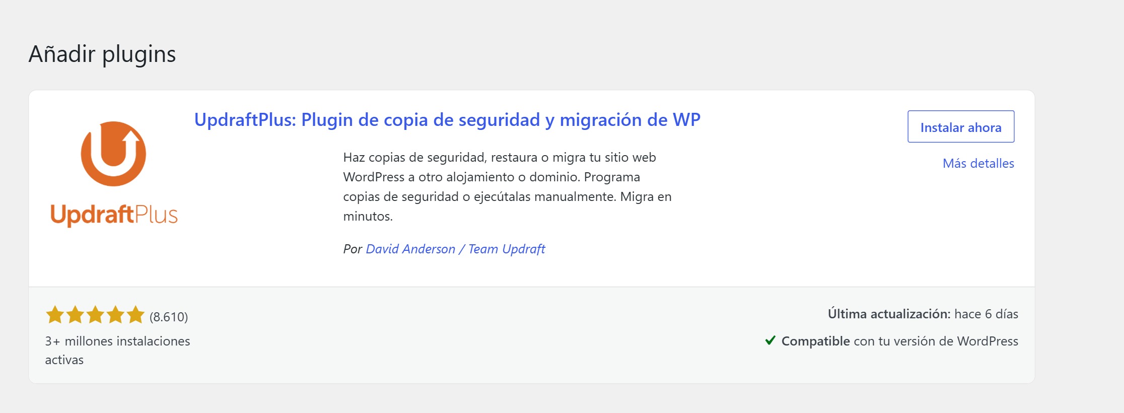 Resultado de buscar UpdraftPlus en Plugins → Añadir nuevo, con el botón Instalar ahora