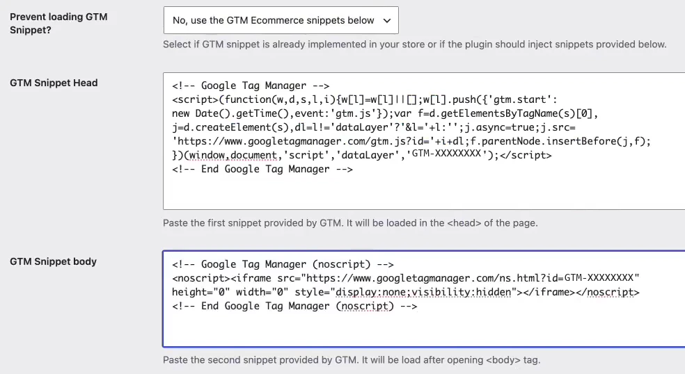 Ajustes del plugin en WordPress: Prevent loading GTM Snippet y las casillas GTM Snippet Head y GTM Snippet body con los fragmentos de GTM pegados