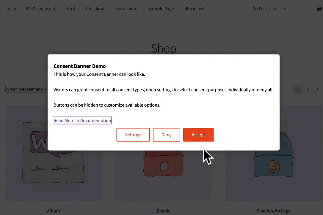 Aviso Consent Banner Demo sobre la tienda de demostración, con el enlace a la documentación y los botones Settings, Deny y Accept