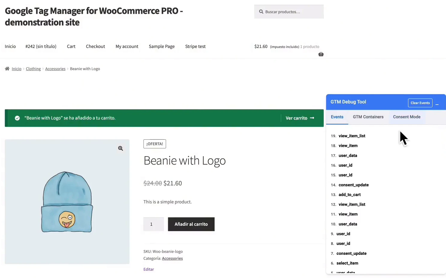 Ficha de producto de la tienda de demostración con la ventana GTM Debug Tool listando view_item y add_to_cart