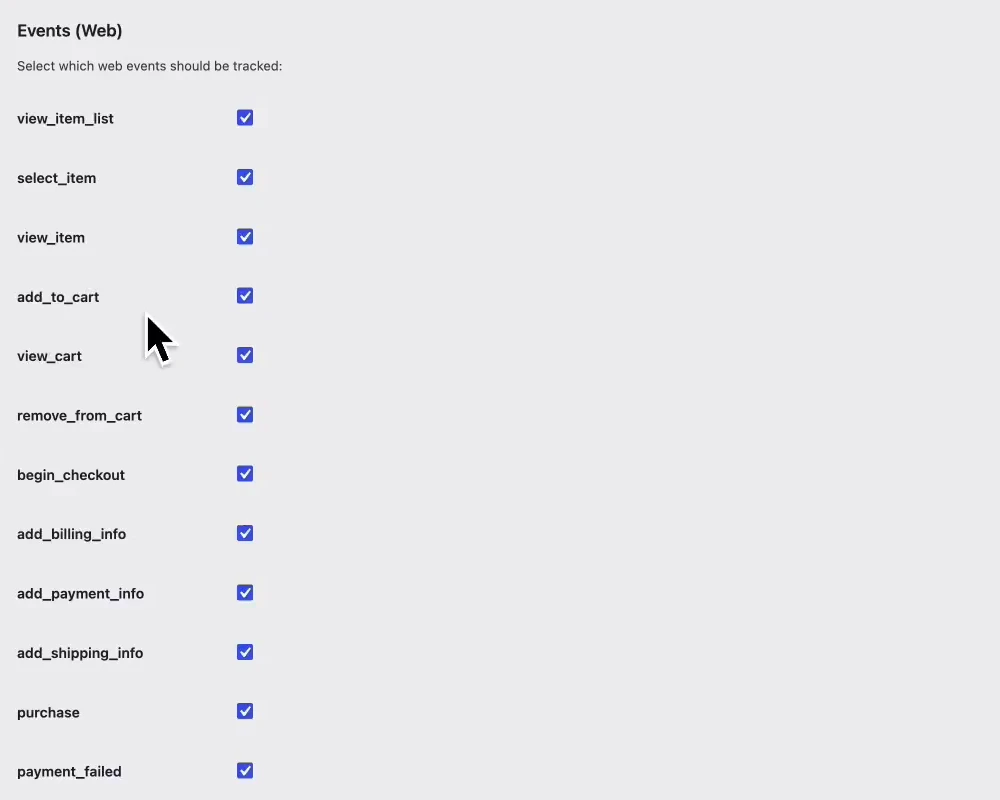 Lista Events (Web) del plugin con las casillas marcadas: view_item_list, view_item, add_to_cart, begin_checkout, purchase y más eventos