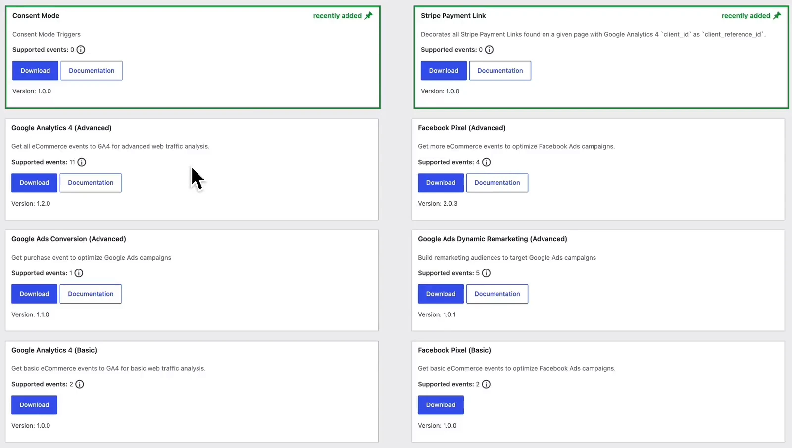 Pestaña GTM Presets del plugin: tarjetas de GA4 Advanced (11 eventos) y Basic (2), Facebook Pixel, Google Ads, Consent Mode y Stripe, con su botón Download