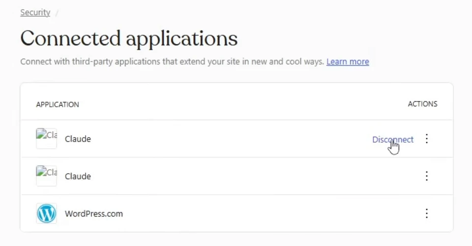 Aplicaciones conectadas en la seguridad de WordPress.com, con Claude y la opción Disconnect
