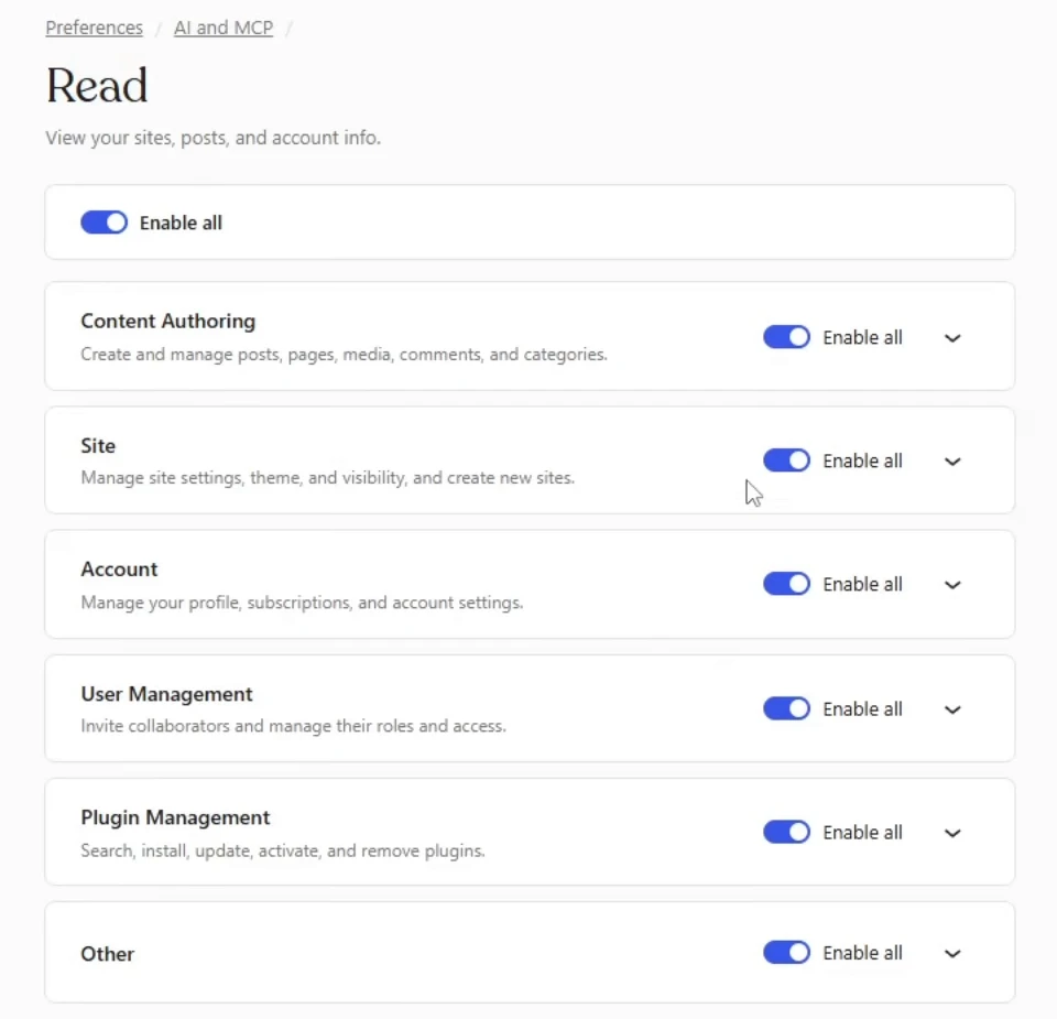 Herramientas de lectura del servidor MCP de WordPress.com agrupadas por contenido, sitio, cuenta, usuarios y plugins