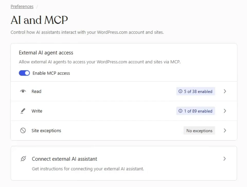 Panel AI and MCP de WordPress.com con el acceso MCP activado y las herramientas de lectura y escritura
