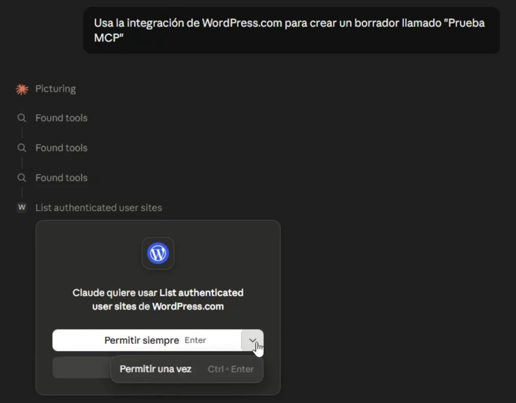 Aviso de permiso de Claude antes de usar una herramienta de WordPress.com por MCP